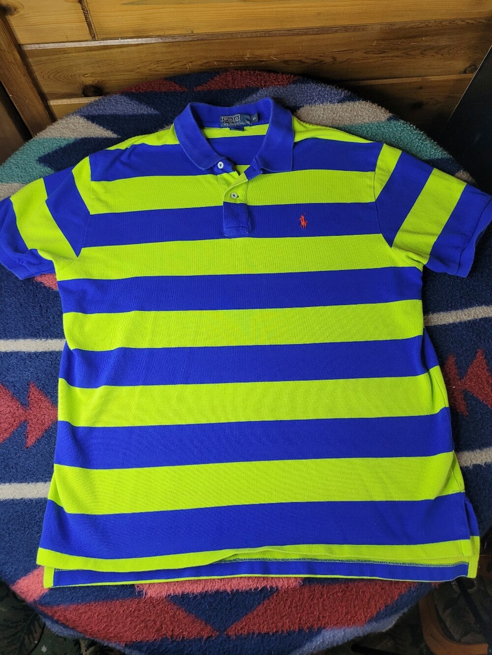 Vtg Polo Ralph Lauren Polo Shirt Mens XL Blue Neon Green Striped Short Sleeve
